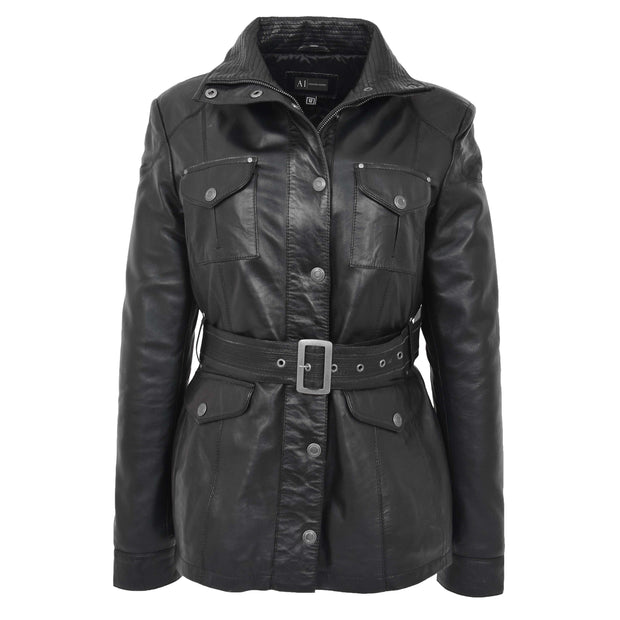 Ladies Black Leather Duffle Coat Belted Removable Hood Parka Jacket Sarah Without Hood