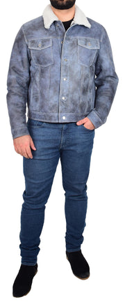 Mens Real Sheepskin American Trucker Jacket Blue Fitted Merino Curly Shearling Rudy 3
