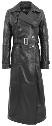 Womens Full Length Long Black Leather Trench Coat Trinity 3