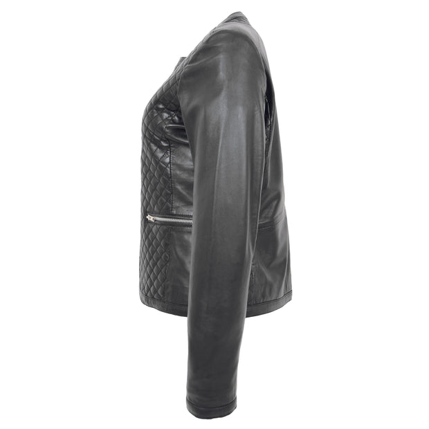 Women Collarless Black Leather Jacket Fitted Quilted Zip Up - Remi Side