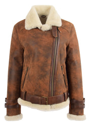 Womens Real Sheepskin Jacket Brown Antique Shearling Aviator Coat Willow 3