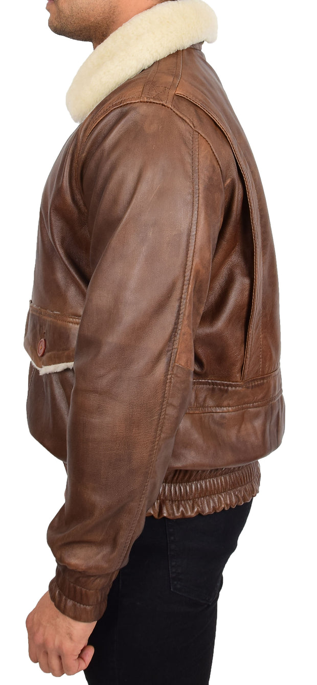 Mens Genuine Leather Pilot Jacket Cognac Flight Aviator Sheepskin Collar Bomber Blaze