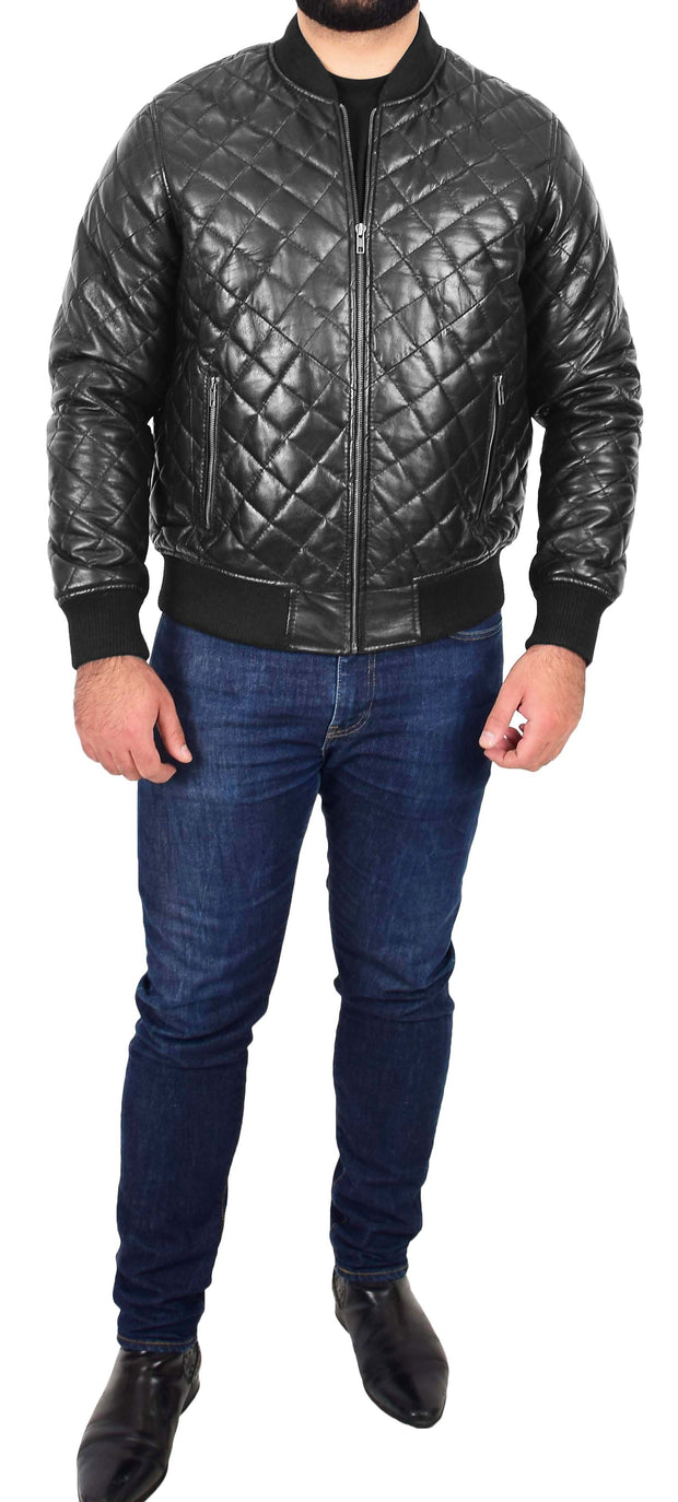 Mens Bomber Leather Jacket Black Fully Quilted Padded Fitted Varsity - Darren3