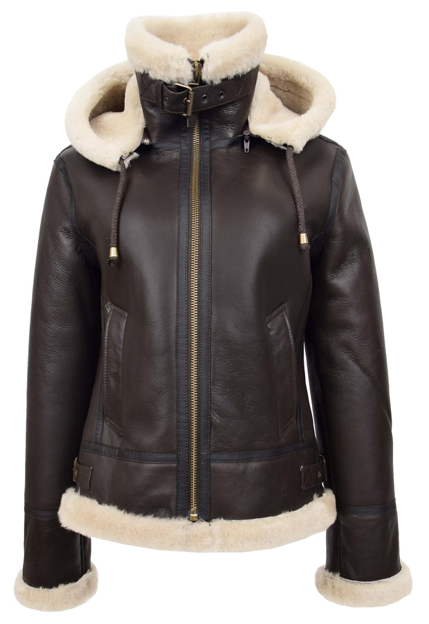 Womens Real Brown Sheepskin Jacket Hooded Shearling B3 Pilot Coat Maria 3