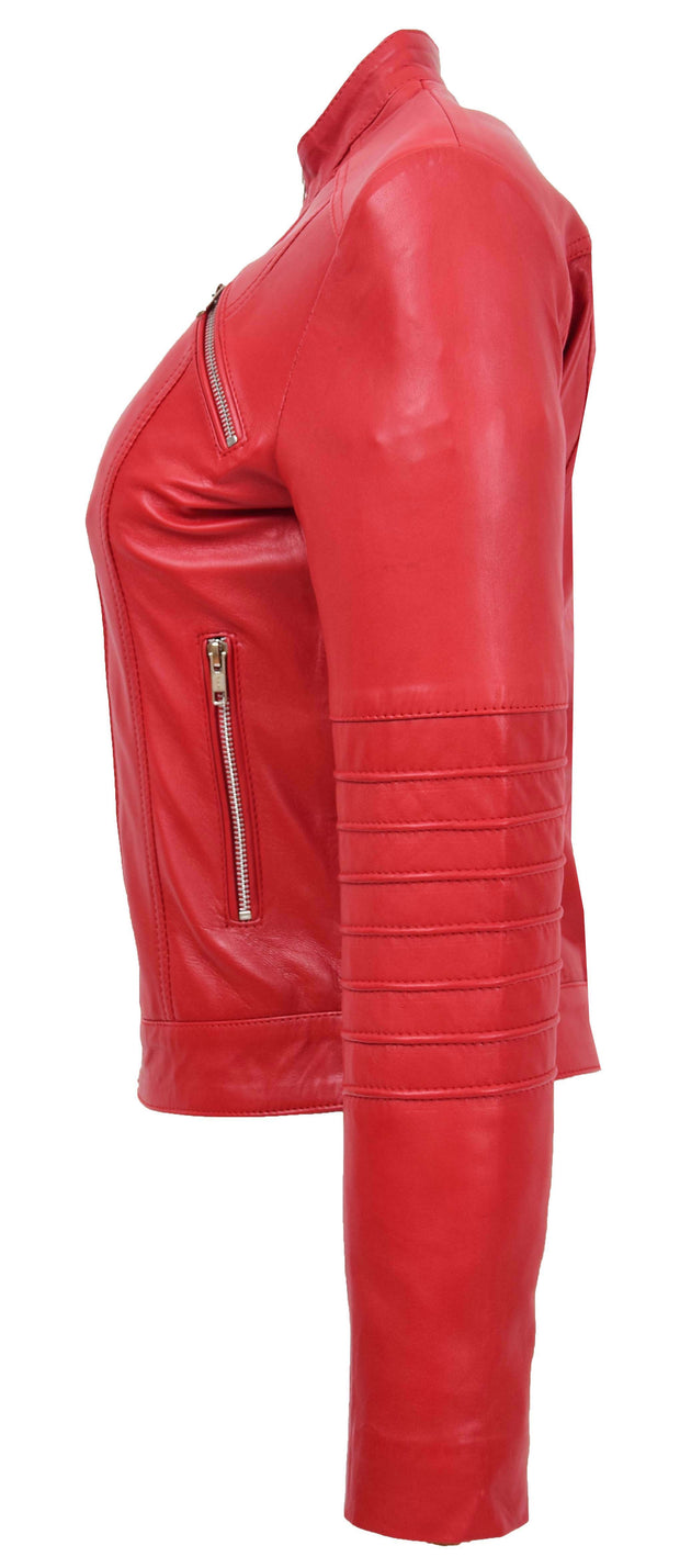 Womens Genuine Leather Biker Style Zip Up Fitted Jacket Poppy Red 3