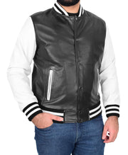 Trendy Mens Leather Bomber American Baseball Style Black White Combo Jacket - Elijah 3