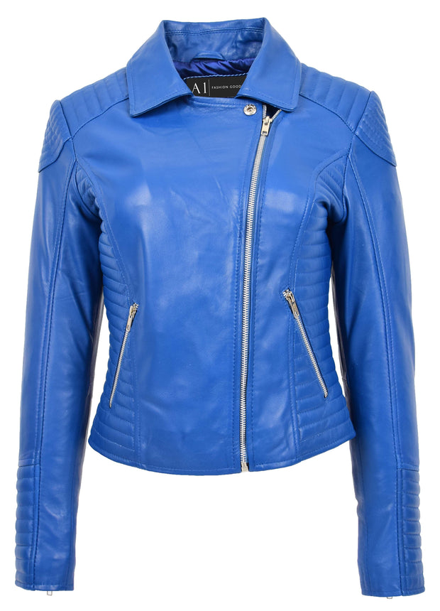 Womens Designer Leather Biker Jacket Fitted Quilted Bonita Blue 3