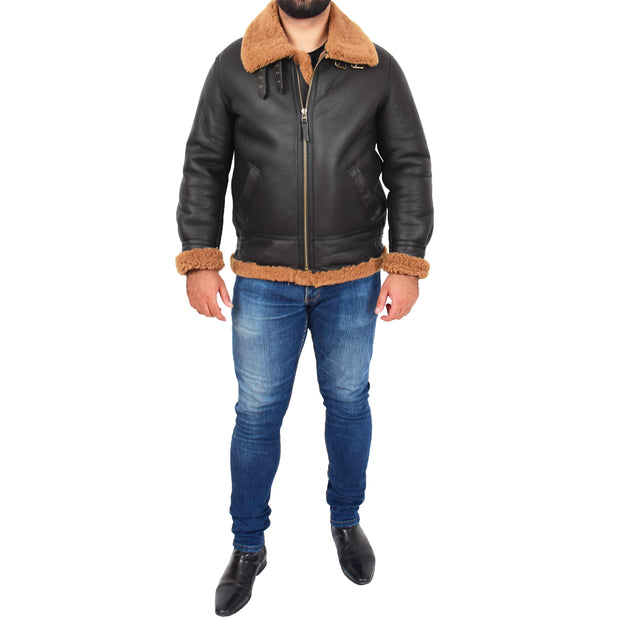 Genuine Sheepskin Flying Jacket For Men B3 Bomber Shearling Coat Thunder Brown/Ginger Full