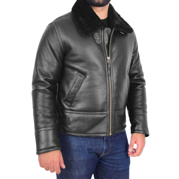 Mens Original Sheepskin Flying Jacket B3 Bomber Aviator Pilots Shearling Coat Raptor Black Front 1