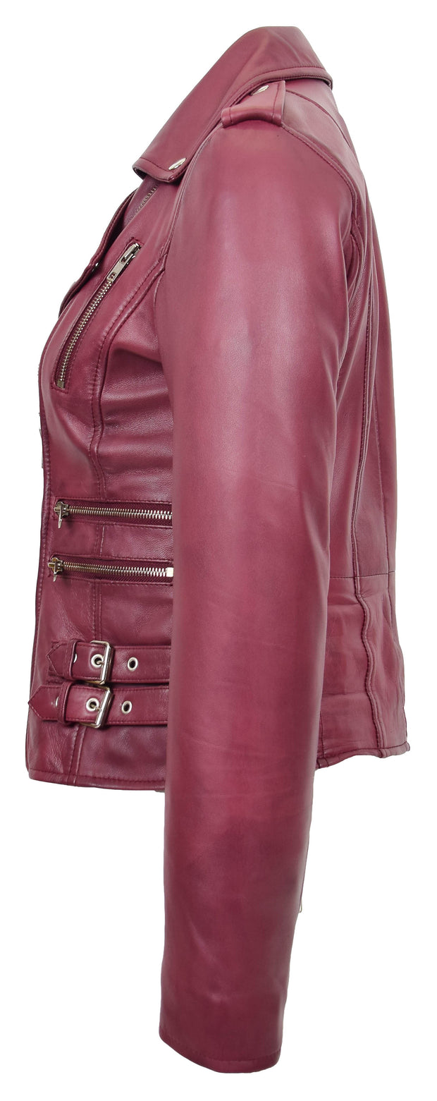 Womens Trendy Biker Leather Jacket Beyonce Burgundy 4