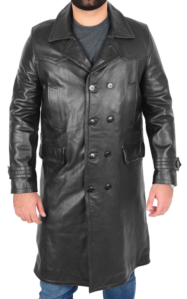 Mens Trench Leather Coat 3/4 Long Overcoat Neo Black 3
