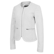 Women Collarless White Leather Jacket Fitted Quilted Zip Up - Remi Front 2