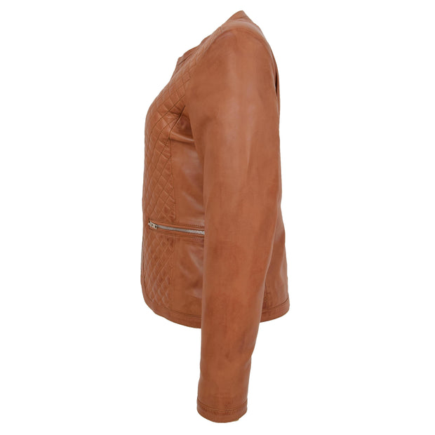 Women Collarless Cognac Leather Jacket Fitted Quilted Zip Up - Remi Side
