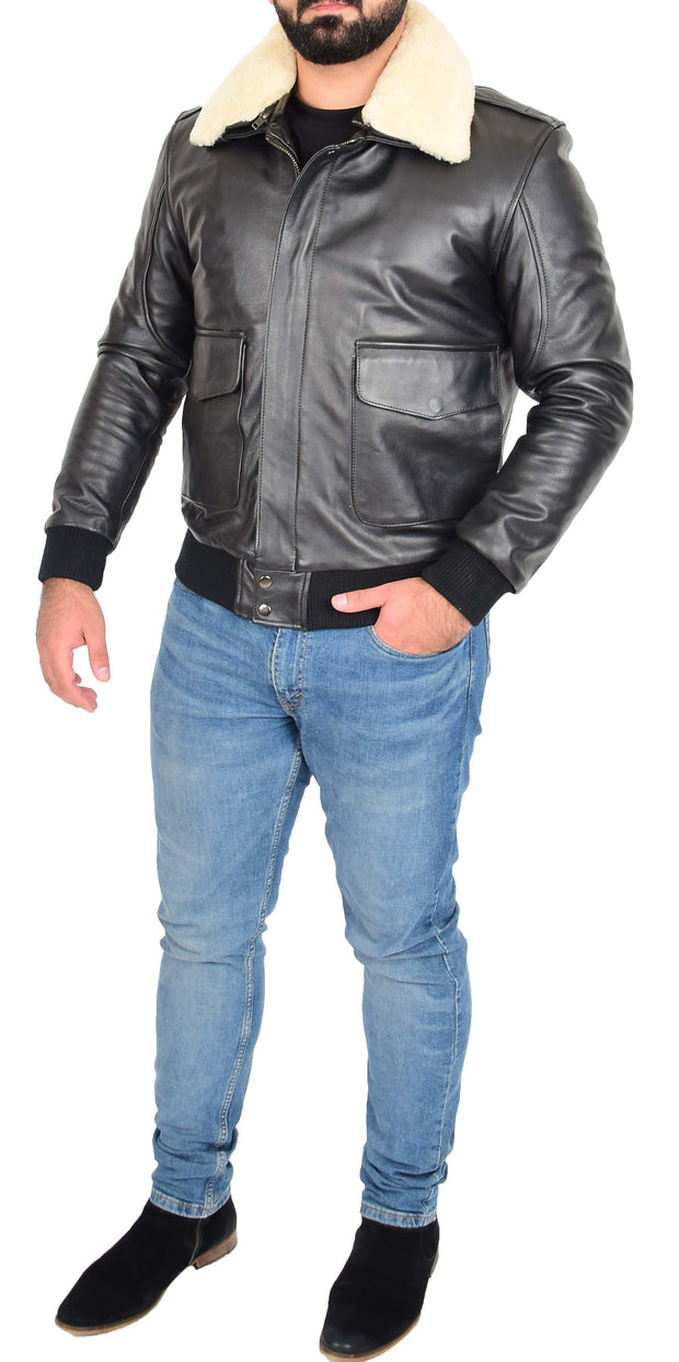 Mens Genuine Cowhide Black Leather Flight Jacket Sheepskin Collar Bomber Harrier