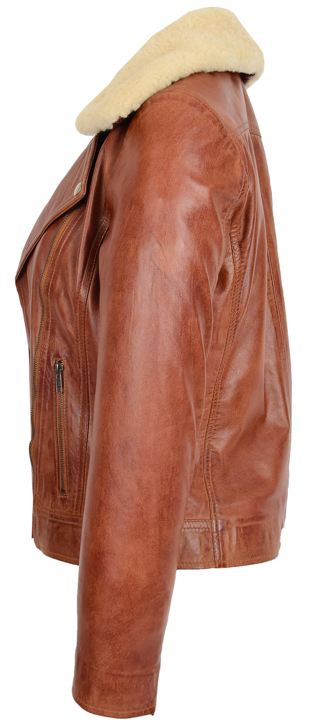 Womens Real Chestnut Leather Trendy Biker Jacket With Removable Sheepskin Collar Rosie