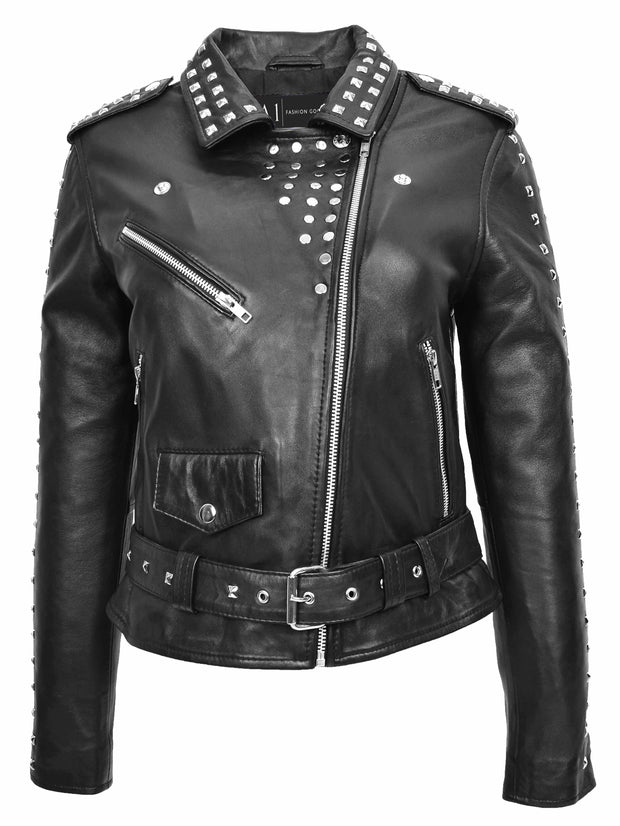 Womens Black Leather Studded Biker Jacket Fitted Brando Style - Stella 3
