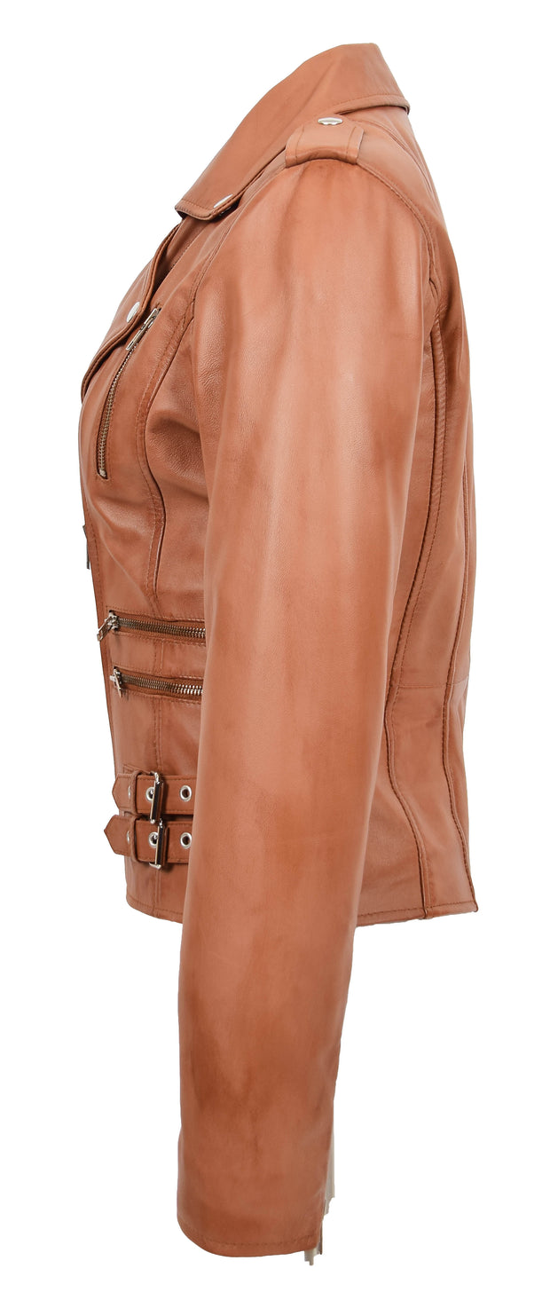 Womens Trendy Biker Leather Jacket Beyonce Cognac