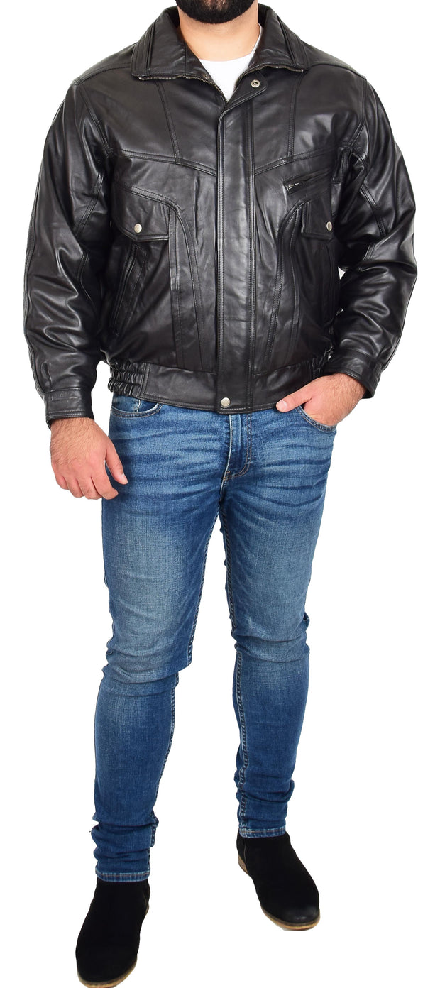 Mens Real Black Leather Blouson Jacket Classic Bomber Peter