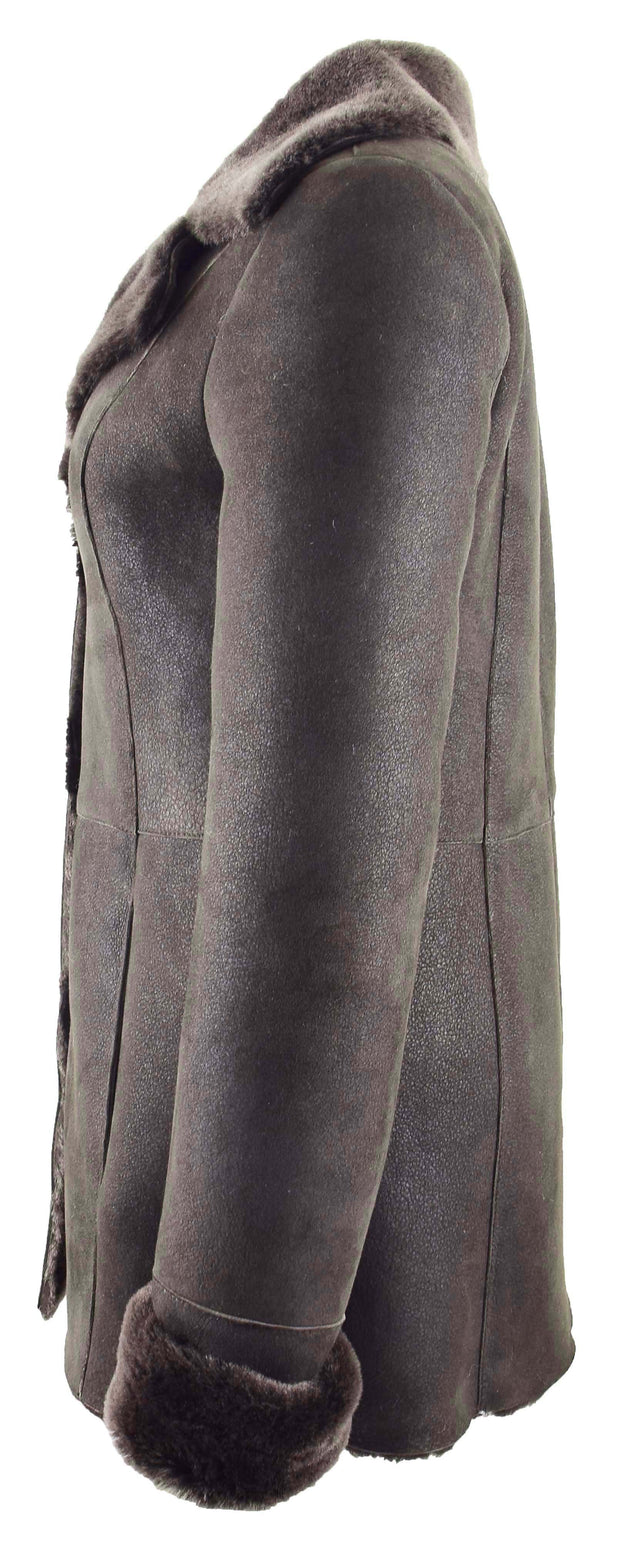 Womens Real Sheepskin Brown Jacket Classic 3/4 Mac Merino Shearling Trench Zona-3