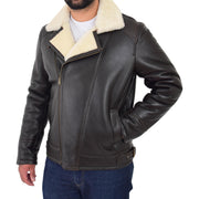 Mens Real Sheepskin Flying Jacket X-Zip Shearling Aviator Bomber Coat Stealth Brown White Front 1