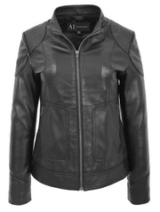 Womens Genuine Black Leather Biker Style Jacket With Removable Hood Sally 3