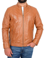 Mens Soft Tan Leather Casual Zip Fasten Jacket Nobel3