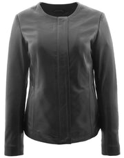 Women Black Leather Jacket Collarless Neckline Soft Fitted Zip Fasten Elena