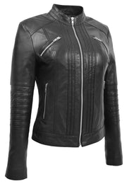 Womens Genuine Leather Biker Style Zip Up Fitted Jacket Poppy Black 3