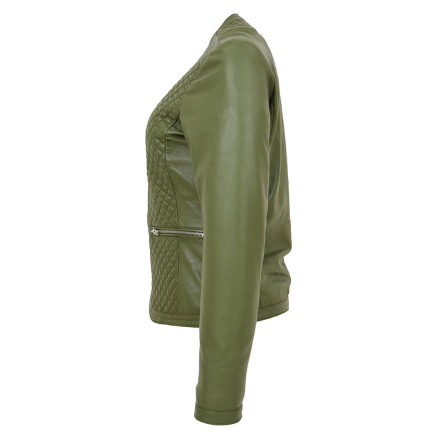 Women Collarless Olive Green Leather Jacket Fitted Quilted Zip Up - Remi Side