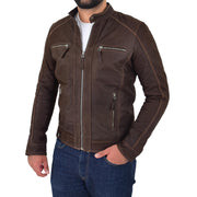 Mens Brown Waxed Skipper Real Leather Biker Style Jacket Captain Front 1