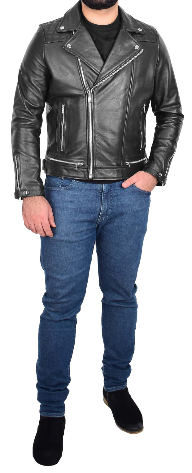 Men Genuine Black Cowhide Biker Leather Jacket Trendy Cafe Racer Brando Cruz 3