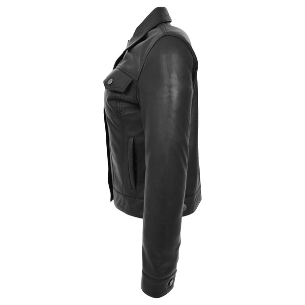 Womens Real Leather Jacket Fitted Denim Biker Style Coat Marisa Black Side