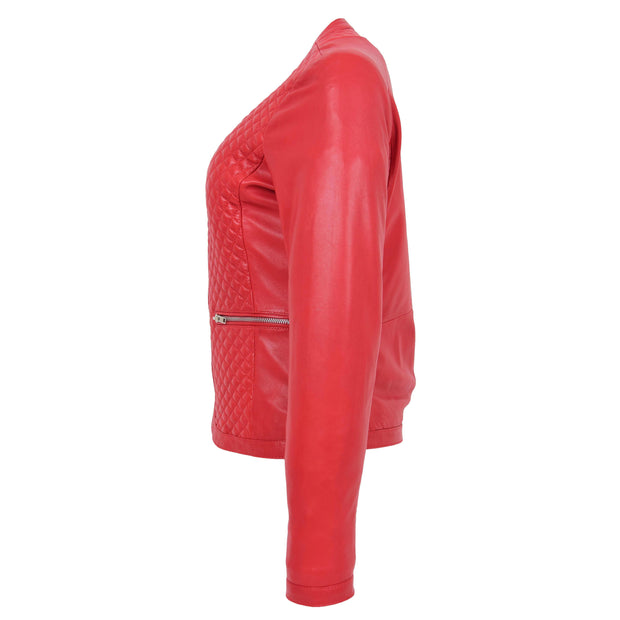 Women Collarless Red Leather Jacket Fitted Quilted Zip Up - Remi Side