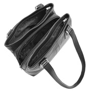 Womens Leather Shoulder Bag Multi Zip Pockets Handbag Polly Black Open