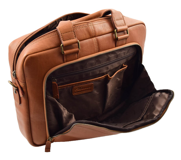 Mens Briefcase Genuine Soft Tan Leather Laptop Business Organiser Bag Pompeii 3