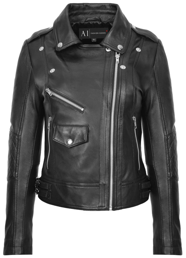 Womens Leather Biker Jacket Black Trendy Slim Fit Designer Ayla4