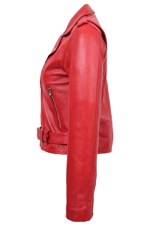 Womens Authentic Soft Leather Biker Jacket Slim Fit Jessie Red