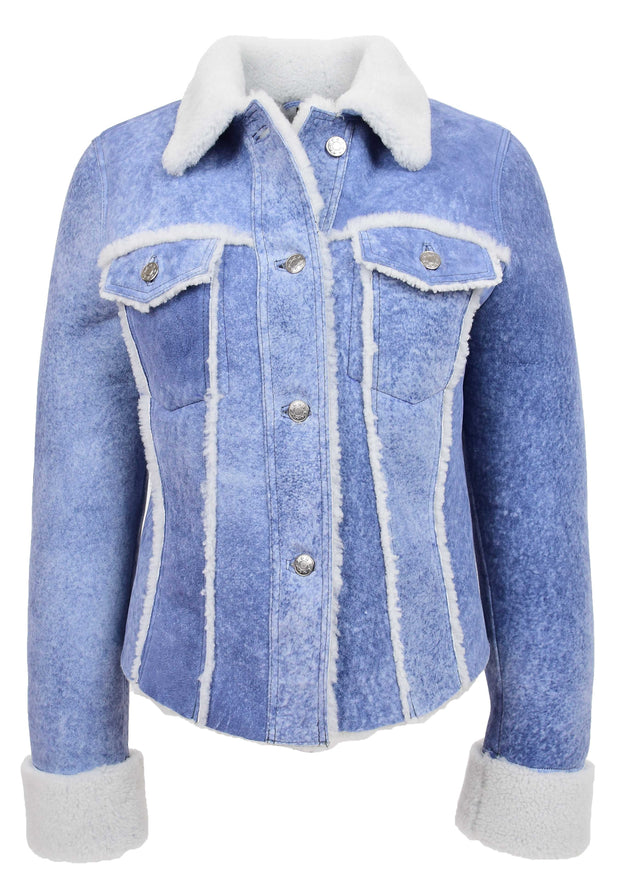 Womens Real Sheepskin Trucker Jacket Denim Blue Washed Genuine Shearling Jenna