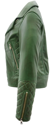 Womens Real Leather Jacket Green Fitted Quilted Trendy Biker Style Bonnie