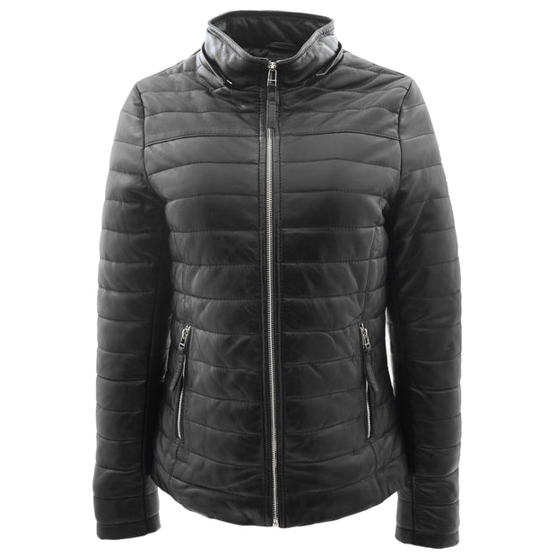 Womens Real Leather Puffer Jacket Fully Quilted Removable Hood Belinda Black