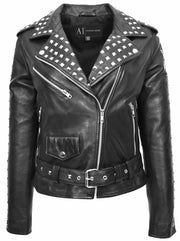 Womens Black Leather Studded Biker Jacket Fitted Brando Style - Stella 4