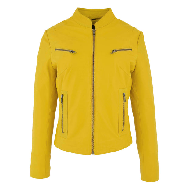 Womens Fitted Leather Biker Jacket Casual Zip Up Coat Jenny Yellow 2