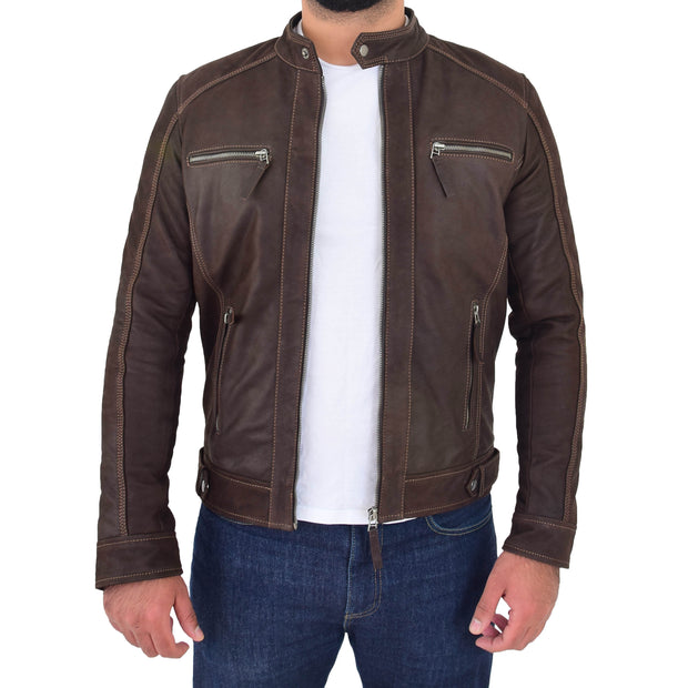 Mens Brown Waxed Skipper Real Leather Biker Style Jacket Captain Open 2