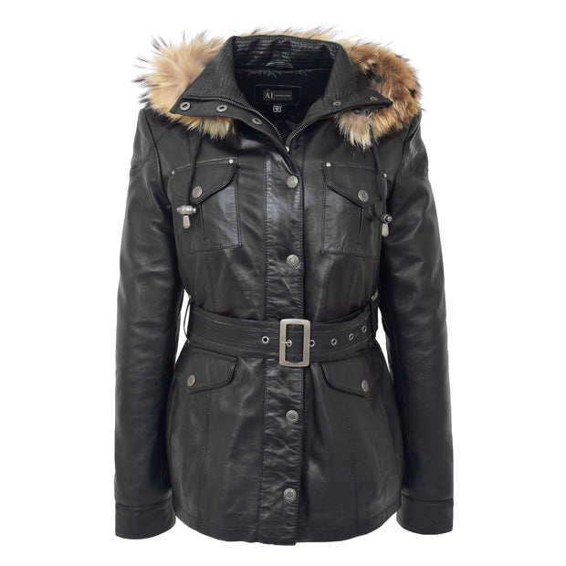 Ladies Black Leather Duffle Coat Belted Removable Hood Parka Jacket Sarah Front