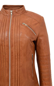 Womens Genuine Leather Biker Style Zip Up Fitted Jacket Poppy Tan 4