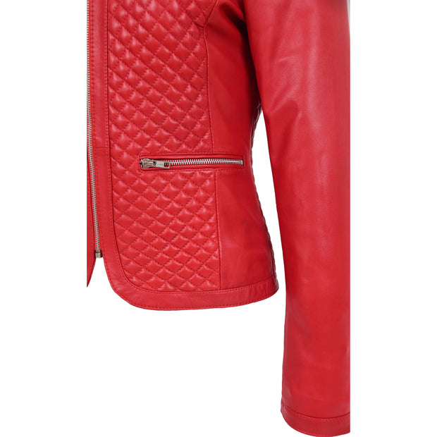 Women Collarless Red Leather Jacket Fitted Quilted Zip Up - Remi Feature 2
