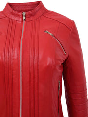 Womens Genuine Leather Biker Style Zip Up Fitted Jacket Poppy Red 4