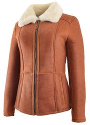 Womens Real Sheepskin Jacket Whiskey Merino Hip Length Shearling Coat Leona 4