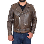 Mens Genuine Cowhide Biker Jacket Heavy Duty Antique Brown Leather Coat Rock Front 1
