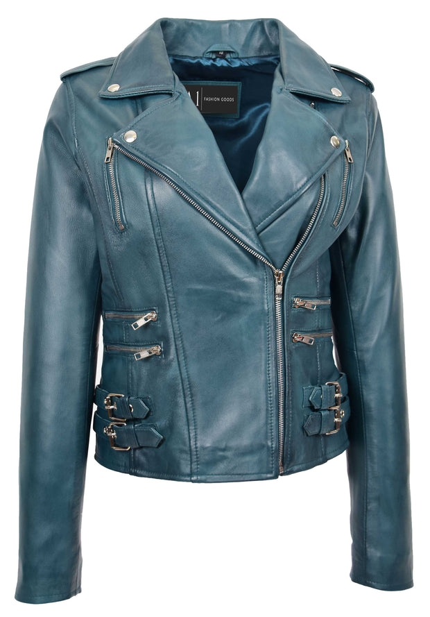 Womens Trendy Biker Leather Jacket Beyonce Teal